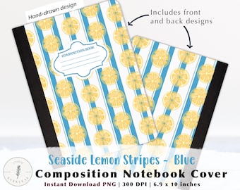 Printable Composition Notebook Cover | Coastal Lemon Stripes Blue | Citrus Stripe Digital Download | 6.9x10 PNG Instant Download