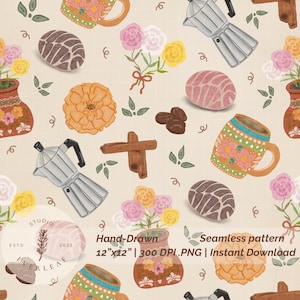Op de afbeelding: Een handgetekend naadloos patroon met koffiegerelateerde elementen. Het ontwerp bevat koffiezetapparaten, mokken, bloemen, koffiebonen en decoratieve vazen. Het patroon is 30.48 cm x 30.48 cm en direct te downloaden.