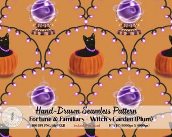 Halloween Seamless Pattern PNG | Fortune & Familiars | Harvest Oracle Orange | Crystal Ball Black Cat Scallop | Orange Halloween Fabric POD