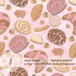 May include: A seamless pattern featuring hand-drawn illustrations of various baked goods, including pastries, cookies, and mugs, in shades of brown, pink, and white. The design includes the text "Hand-Drawn" and "Seamless pattern".