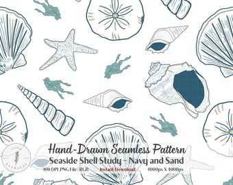 Seashell Seamless Pattern PNG | Seaside Shell Study | Coastal Fabric Print | Beach Digital Paper | Sand Dollar Starfish | Summer POD