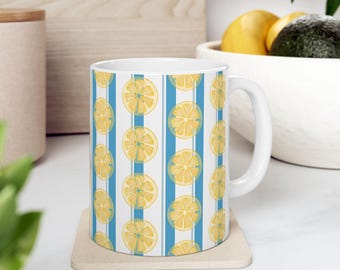Lemon Stripe Coffee Mug | Coastal Blue Citrus Ceramic Mug | Cute Lemon Print Cup | Retro Kitchen Decor | Gift for Her | 11oz 15oz