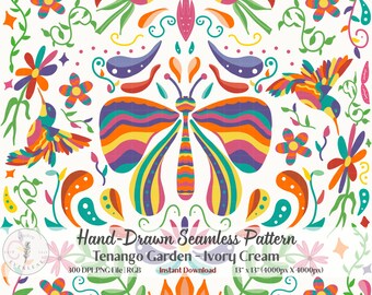 Tenango Garten Nahtlose Muster PNG | Mexikanische Volkskunst Blumen | Schmetterlings-Kolibri | Von Otomi inspirierter Stoff POD | Digitaler Sofort Download
