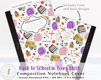 Printable Composition Notebook Cover | Back to School Digital Download | Ivory Purple School Supply Pattern | 6.9x10 PNG Instant Download