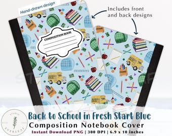 Printable Composition Notebook Cover | Back to School Digital Download | Blue School Supply Pattern | 6.9x10 PNG Instant Download