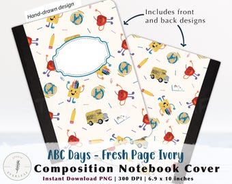 Portada de cuaderno ABC Days PNG / Portada de cuaderno escolar infantil 6.9x10 / Estampado de crayones de manzana caprichosos / Página nueva / Papelería imprimible