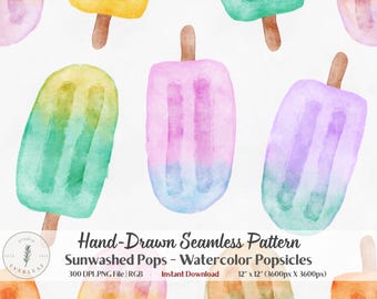 Popsicle Seamless Pattern PNG | Watercolor Pastel Summer Fabric Print | Sunwashed Pops | Kids Summer Digital Paper | POD Sublimation