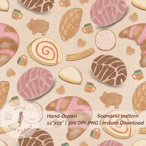 May include: A seamless pattern featuring hand-drawn illustrations of Mexican pastries, including conchas, churros, and pig-shaped cookies, in shades of brown, pink, and beige. Small mugs and heart-shaped cookies are also scattered throughout the design.