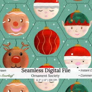 May include: A seamless digital pattern on a teal background featuring repeating Christmas ornaments with faces of Santa, an elf, a reindeer, and a gingerbread person, alongside red and white striped baubles and small white stars, 11.5 inches by 13 inches.
