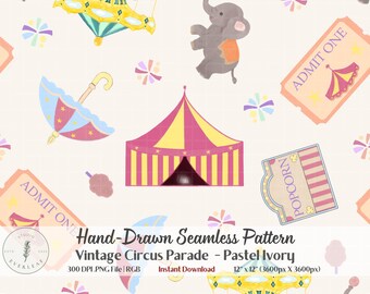 Vintage Circus Seamless Pattern | Carousel Elephant Kids Fabric Print | Carnival Digital Paper | Nursery POD | Pastel Ivory