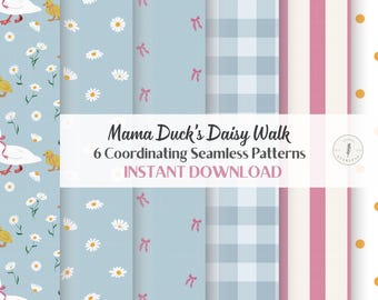 Nursery Seamless Pattern Bundle | 6 Coordinating Patterns | Mama Duck Baby Duck Daisy Fabric | Cottagecore Baby Shower Digital Paper PNG