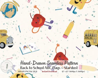 Patrón sin costuras para la vuelta al cole PNG / Arte infantil caprichoso de ABC Days / Autobús escolar de manzanas crayón / Impresión bajo demanda de tela infantil / Marfil polvo de estrellas