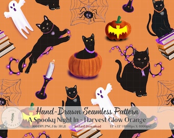 Halloween Seamless Pattern PNG | Black Cat Pumpkin Ghost Fabric Print | Spooky Night In | Harvest Glow | Sublimation Digital Paper