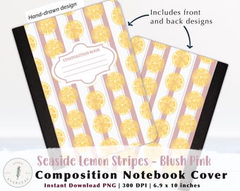 Printable Composition Notebook Cover | Seaside Lemon Stripes Blush Pink | Citrus Stripe Digital Download | 6.9x10 PNG Instant Download