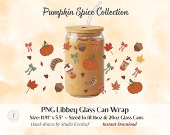 Pumpkin Spice Glass Can Wrap PNG | 16oz & 20oz Libbey Sublimation Design | Fall Autumn Pumpkin Acorn Leaf UV DTF Tumbler Download
