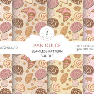 May include: A seamless pattern bundle featuring various types of Pan Dulce, including conchas, cuernitos, and orejas, in shades of brown, pink, and beige. The text "PAN DULCE SEAMLESS PATTERN BUNDLE" is displayed.