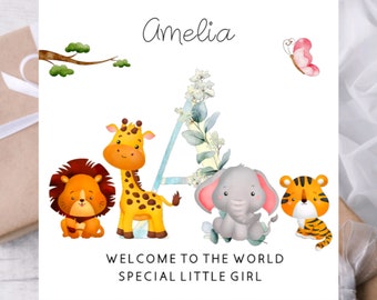 Personalised New Baby Card| Safari Jungle Animals Lion Giraffe Elephant Tiger| Welcome to the World New Baby Boy Girl Card| Gender Neutral