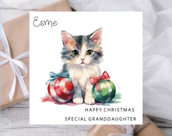 Cat and Baubles Christmas Card| Personalised Happy Christmas Card for Girl Daughter Granddaughter Female Friend| Cute Kitten| Personalised
