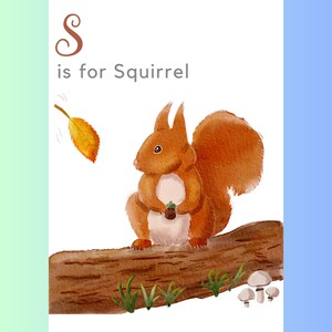 Impresión personalizada con el alfabeto "S" de ardilla, dibujada a mano, tamaño A3/A4, para habitación infantil, sala de juegos, decoración de animales del bosque, estilo cottagecore caprichoso.