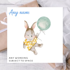 Tarjeta personalizada para bebé recién nacido/ Tarjeta de bienvenida al mundo con conejito y globo azul/ Nombre del bebé/ Tarjeta para amantes de los conejitos