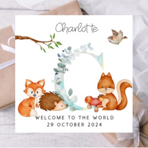 Personalisierte neue Babykarte | Eichhörnchen Fuchs Igel Waldtiere Karte für Neugeborene Baby Junge Baby Mädchen | Willkommen in der Welt Karte