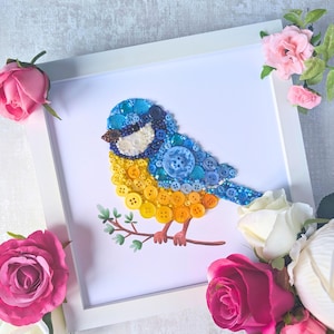Blue tit button art mosaic picture: handcrafted framed songbird wall decor, Unique gift for bird lover, Artwork for kitchen conservatory