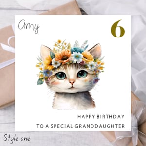 Personalised Cats Birthday Card for Daughter Granddaughter Little Girl Best Friend Auntie Grandma Mum Wife Her | Cute Cat and Flowers Card