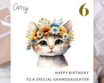 Personalised Cat and Flowers Birthday Card | Card for Kids Birthday Daughter Granddaughter Female Friend | Card for Cat Lover Animal Lover