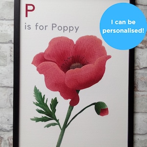 P es para impresión de guardería de amapola / impresiones florales del alfabeto para niños / regalo personalizado para bebé / arte de pared con letras de flores para habitación de niñas / impresión del nombre del niño