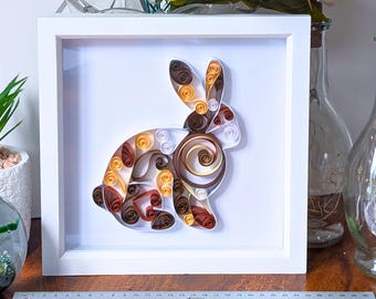 Bunny Rabbit Picture: Handcrafted Quilled Paper Filigree 3D Artwork, Handmade Wall Decor Gift