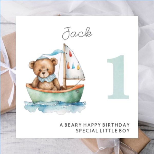 Teddy Bear in Boat 1st 2nd 3rd 4th Birthday Card for Toddler Son Grandson Little Boy| Babys First Birthday Card| Card for Teddy Bear Lover