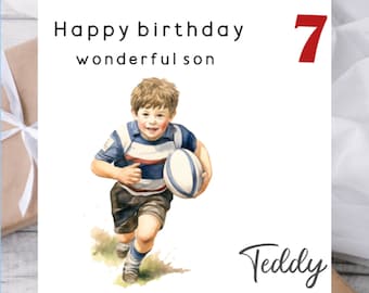 Rugby Player Kids Birthday Card for Boy Son Grandson | Card for Rugby Lover | Card for Rugby Fan | Blonde Dark Ginger Hair | Black Boy