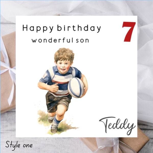 Carte d'anniversaire enfant joueur de rugby pour petit-fils garçon | carte pour amateur de rugby | carte pour fan de rugby | Cheveux blonds roux foncés | Garçon noir