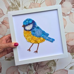 Blue tit mosaic picture made from buttons: handcrafted small square framed bird button wall art gift for her, Bird lover birthday present