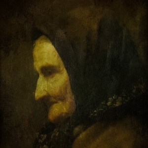 May include: A close-up portrait of an elderly woman with a weathered face. She is wearing a dark headscarf with floral embroidery and a brown shawl. The image has a vintage, faded look.