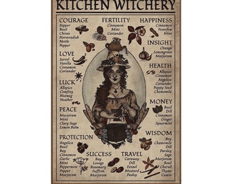 May include: A vintage-style illustration of a witch with a mortar and pestle, surrounded by herbs and spices. The illustration is labeled "Kitchen Witchery" and lists various herbs and spices with their associated magical properties, such as courage, fertility, happiness, insight, health, money, wisdom, protection, success, travel.