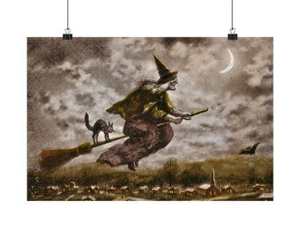 Impression d'art vintage sorcière volante : décoration Halloween Samhain