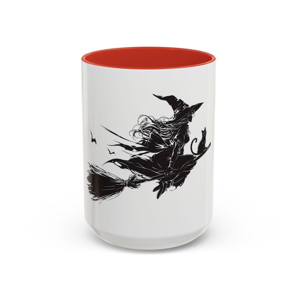 Fabulous Flying Witch Accent Coffee Mug (11, 15oz) | Halloween Gifts | Coffee Lovers | Witchy | Boo | Ceramic Witch | Morning Coffee |