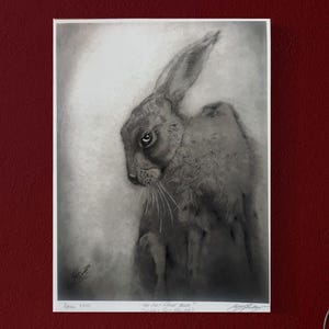 El último gran conejo, dibujo clásico místico personalizado y firmado impreso en pergamino antiguo. Brujería. Liebres. Folclore. Conejo bruja.