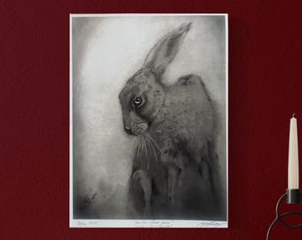 The Last Great Hare mystical classical personalised and signed drawing print on antique parchment. Witchcraft. Hares. Folklore. Witch Hare.