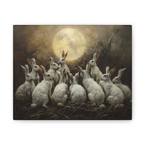 Mystische Hasen unter Vollmond | Leinwand Kunst | Hexe Hasen | Hasen | Hexen Zuhause | Heidnische Kunst | Osterhase Kunst | Einzigartiges Dekor