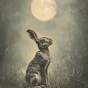May include: A brown and gray hare sits in a field of tall grass, looking up at a full moon in the night sky.