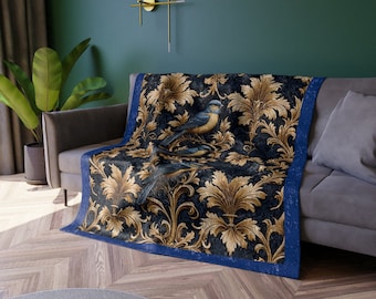 Tapiz de terciopelo arrugado de lujo con diseño de pájaro azul: manta victoriana