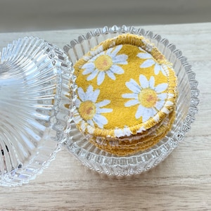 Reusable Facial Rounds - Set of 10- Yellow Daisies - Flannel - Terry Cloth - Bag Included - Exfoliating