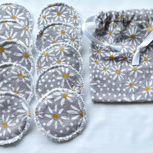 Reusable Facial Rounds - Set of 10 - Gray Daisies - Flannel - Terry Cloth - Bag Included - Exfoliating