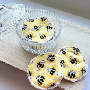 Reusable Facial Rounds - Set of 10 - Bees - Flannel - Terry Cloth - Bag Included - Exfoliating