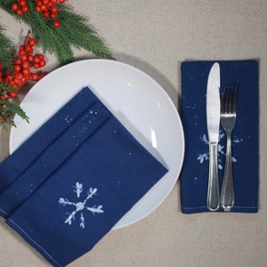 set of 4 batik napkins  - batik snowflakes on navy blue