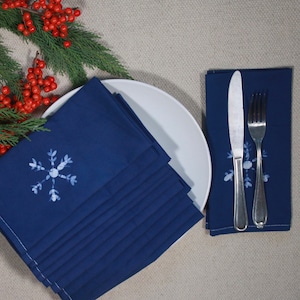 set of 12 batik napkins  - batik snowflakes on navy blue