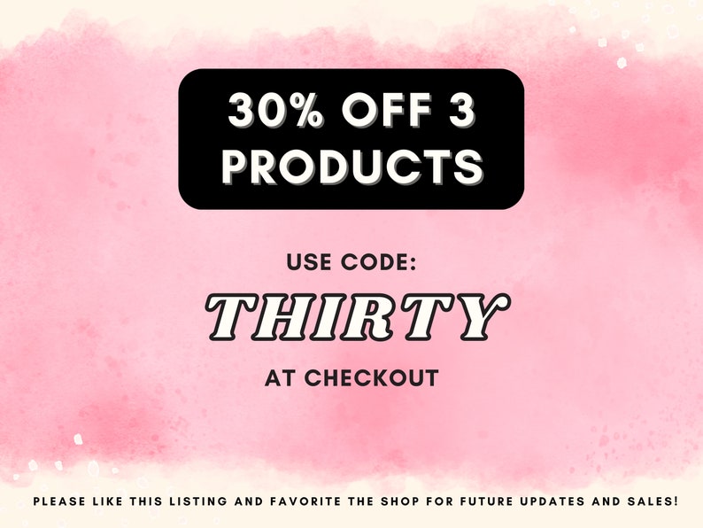 K&ouml;nnte beinhalten: Rosa Aquarellhintergrund mit einem schwarzen Rechteck, das den Text "30% OFF 3 PRODUCTS" enth&auml;lt. Unter dem Rechteck befindet sich der Text "USE CODE: THIRTY AT CHECKOUT".