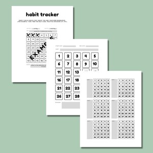 May include: A black and white habit tracker printable with a grid of squares numbered 1 to 45. The printable includes the text "habit tracker" and instructions to "daily build habits that serve you and your new endeavors. For example, take time for golf, practice breaking up, etc."